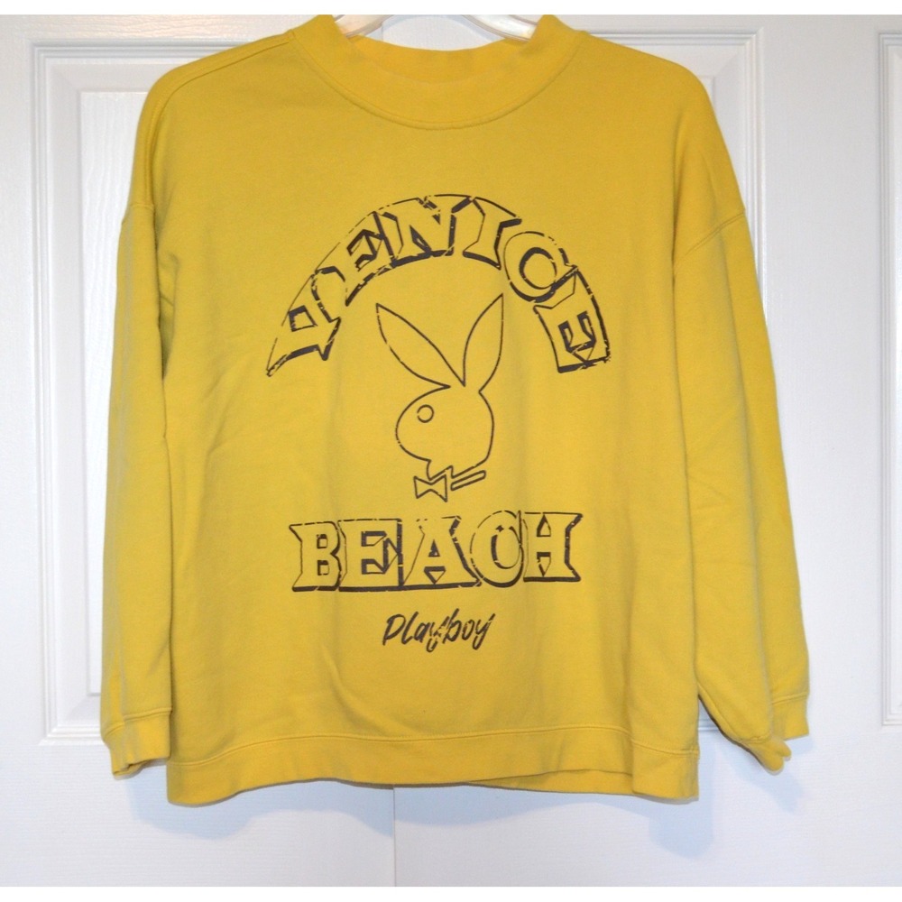 Playboy PacSun Yellow Pullover Y2K‎ Sweatshirt Womens Large Venice Beach Graphic